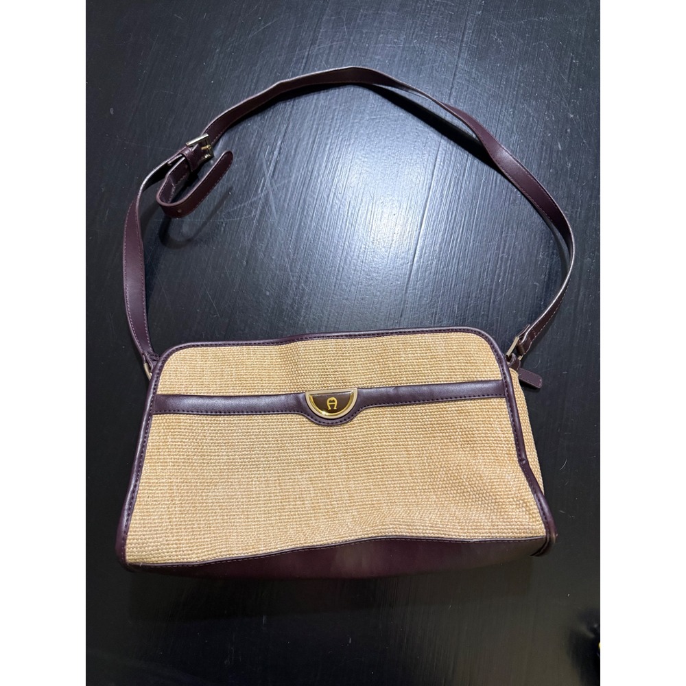 Etienne Aigner Woven Straw Burgundy Leather Shoulder Bag Vintage Style